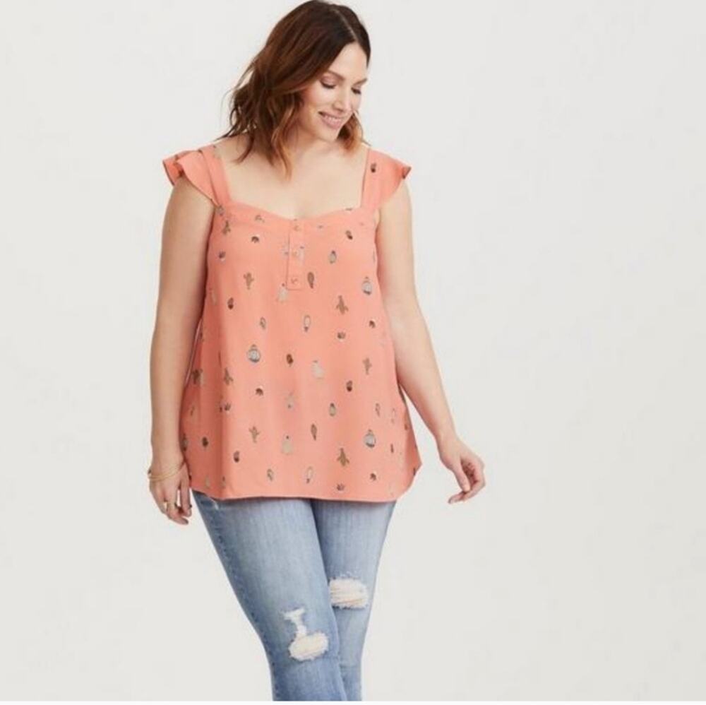 Torrid Coral Cactus Print Ruffle Crepe Tank Blouse